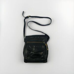 FOSSIL VTG Black Soft Pebble Distress Leather Organizer Messenger Bag 75082